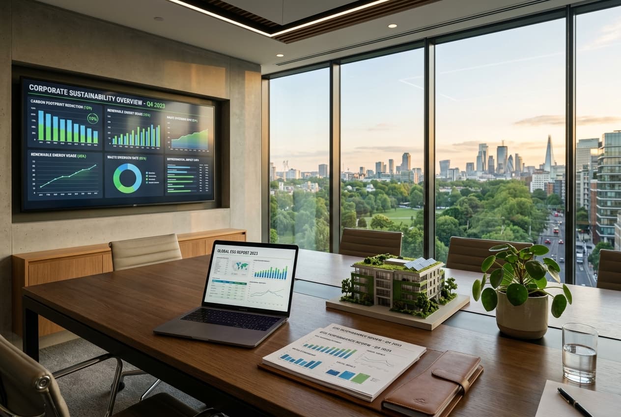 CEERAT corporate sustainability advisory — ESG dashboard and green building model in boardroom